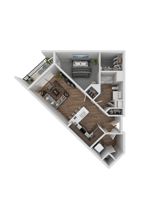 A 3D floor plan of a house with a kitchen, living room, and bedrooms.